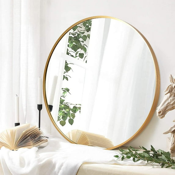 POSHIONS 28" Gold Circle Round Wall Mounted Mirror Aluminum Alloy Frame for Living Room Bedroom Bathroom