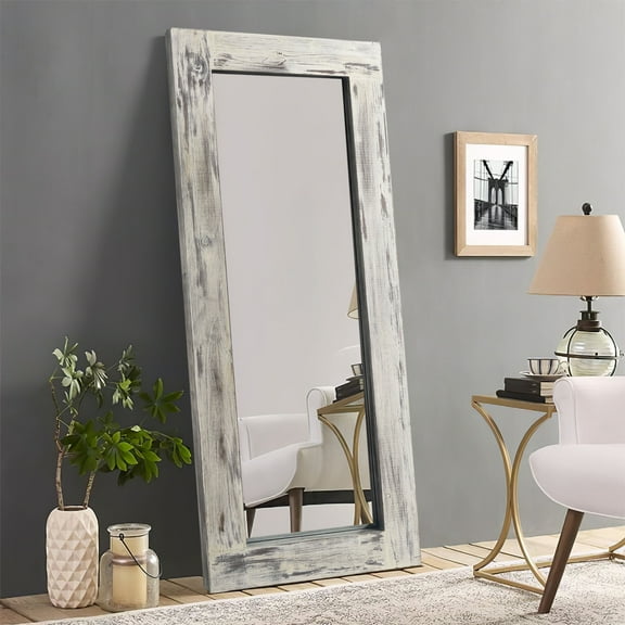 POSHIONS 71"x32" Rustic Full Length Mirror Vintage Wood Framed Bedroom Floor Mirror Wall Mounted Hanging/Leaning ,Weathering White