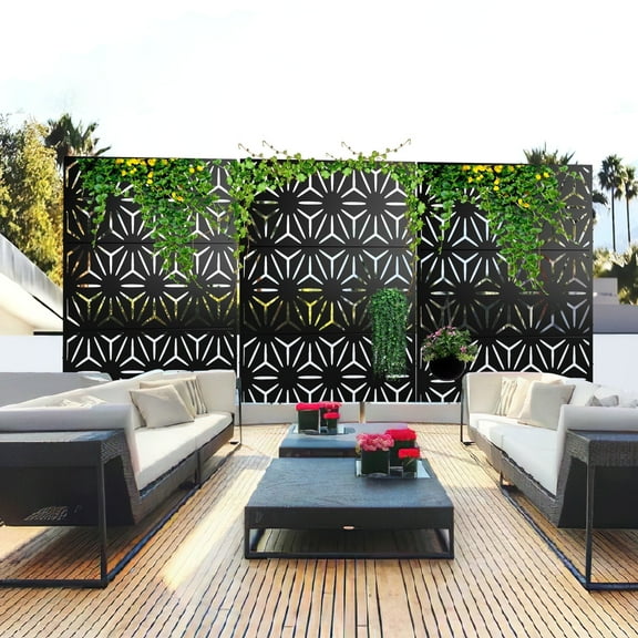 POSHIONS Decorative Privacy Screen Outdoor Divider with Stand Metal Corten Steel 76" x 47.2" x 15.7" Black