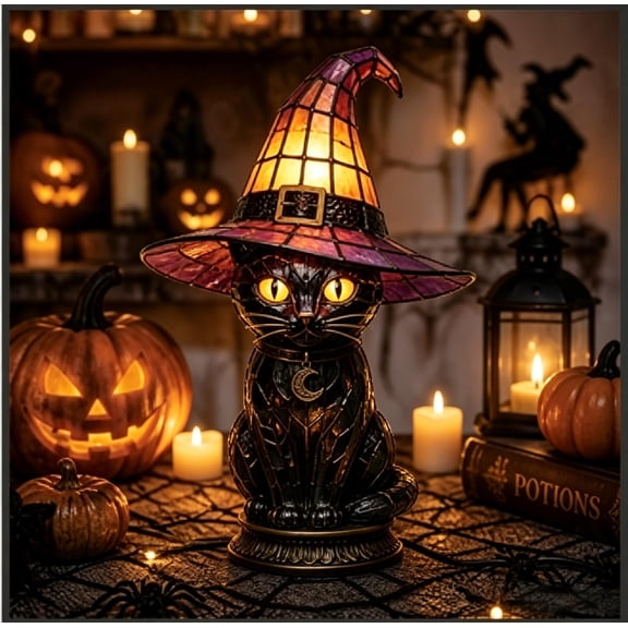 POSORJU Cat Witch Hat Lamp Stained Glass Witch Hat Cat Lamp, Halloween Decoration Handcrafted Retro Resin Witch Cat Lamp, Gothic Wizard Hat Cats Night Light, Halloween Decor for Bedroom & Bookshelf