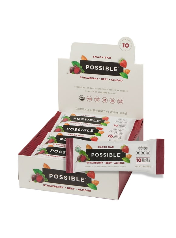 POSSIBLE Snack Bar - Organic Energy Bars with 10g of Plant-Based Protein - Vegan, Gluten-Free, Non-Dairy, USDA Organic - Healthy Fats - Clean Label - 1 Box, 12 Servings - Strawberry Beet Almond