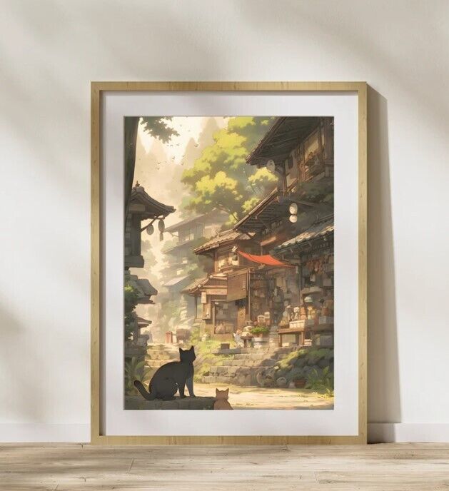 POSTER Cozy Cat Village Studio Ghibli Inspired Artwork-8x12-UNFRAMED ...