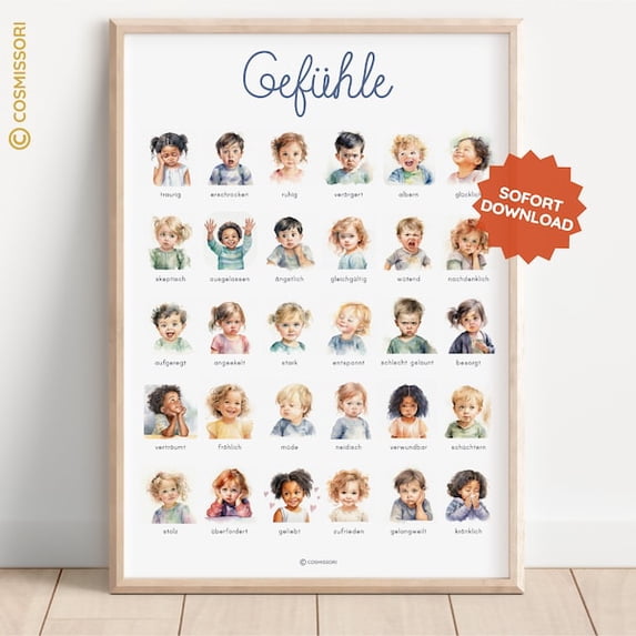 POSTER EMOTIONS FEELINGS Wall Art Playroom Decorating Montessori Children's Wall Art Educational Decor German Wall Decor, Unframed Paper Poster 11x14in