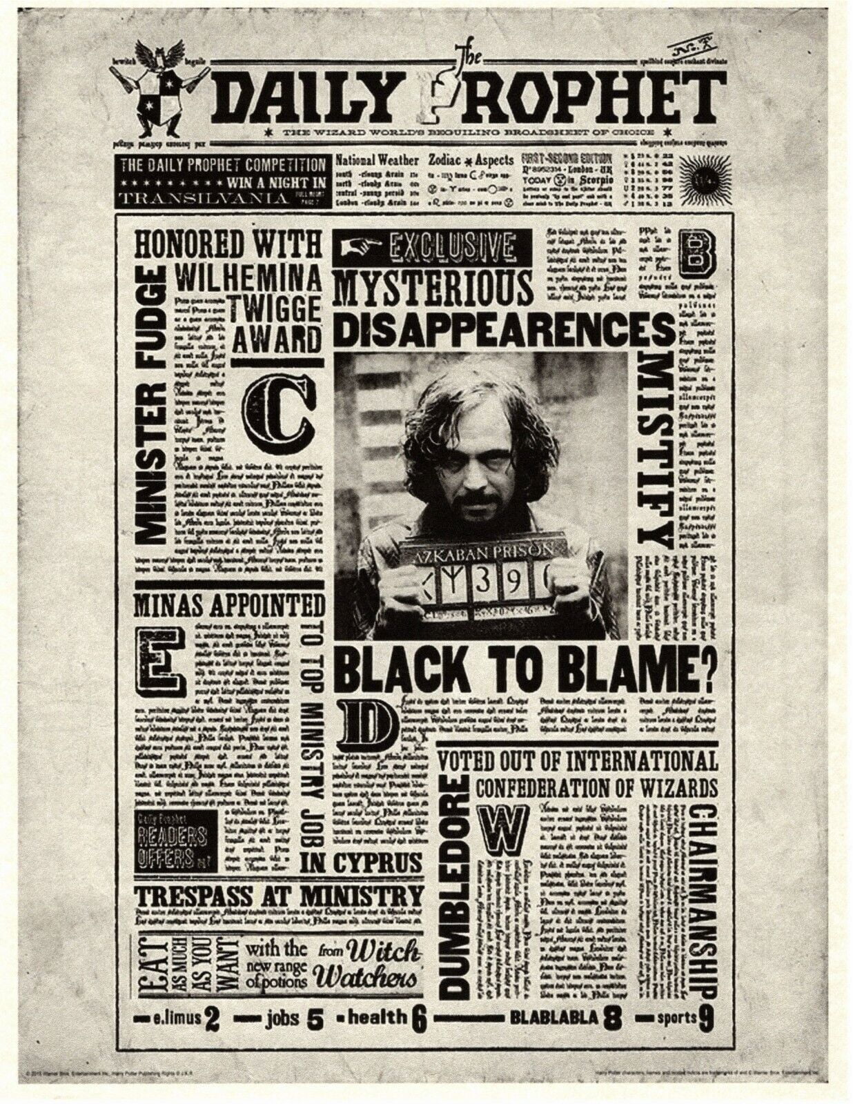 POSTER Harry Potter Daily Prophet Sirius Black To Blame? Flyer/Poster ...