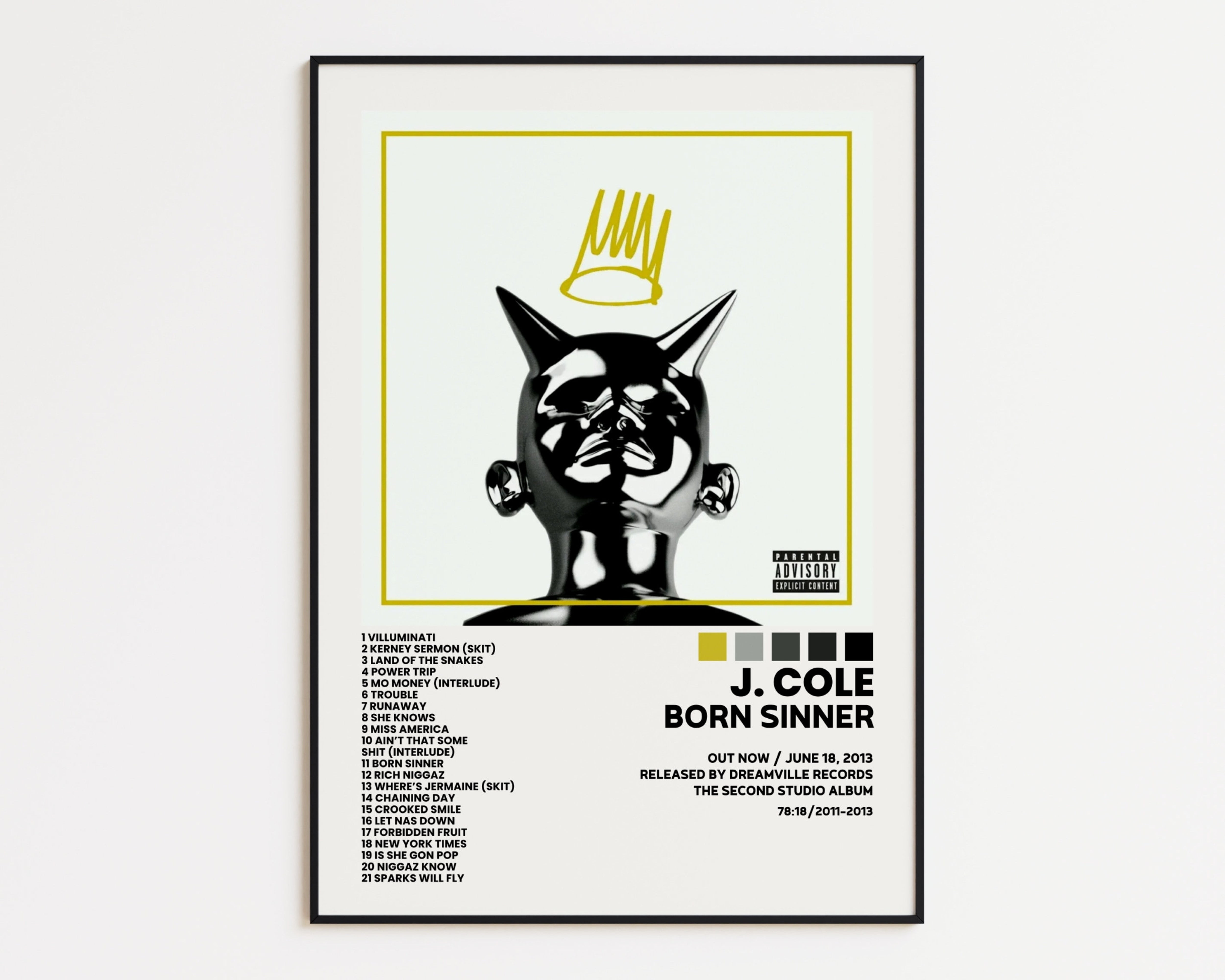 POSTER J. Cole Cover Poster, Born Sinner Album Wall Print, Tracklist