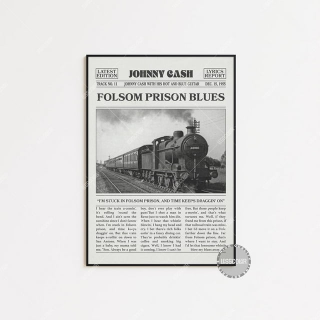 POSTER Johnny Cash Retro Newspaper Print, Folsom Prison Blues Poster