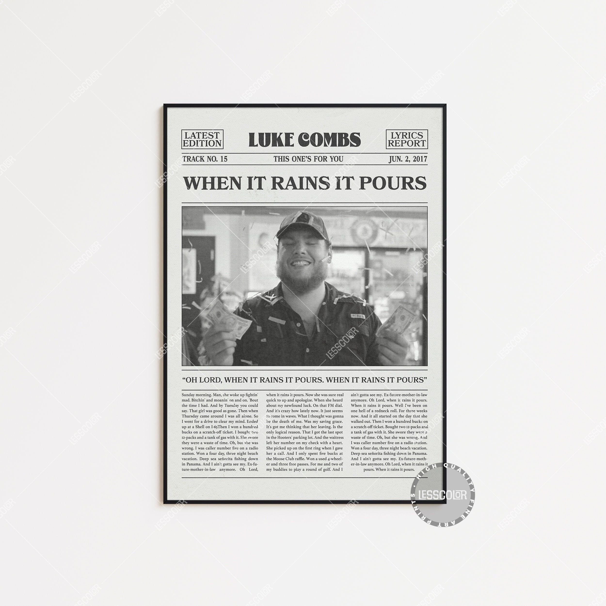 Luke Combs When It Rains It Pours Lyrics POSTER Luke Combs Retro Newspaper Print, When It Rains It Pours Poster