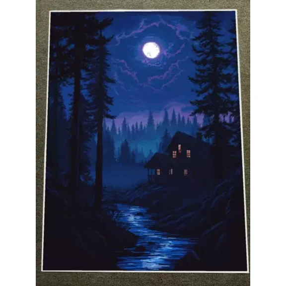 POSTER Moonlit Cabin in Dark Forest with Stream Poster UNFRAMED, 12x18