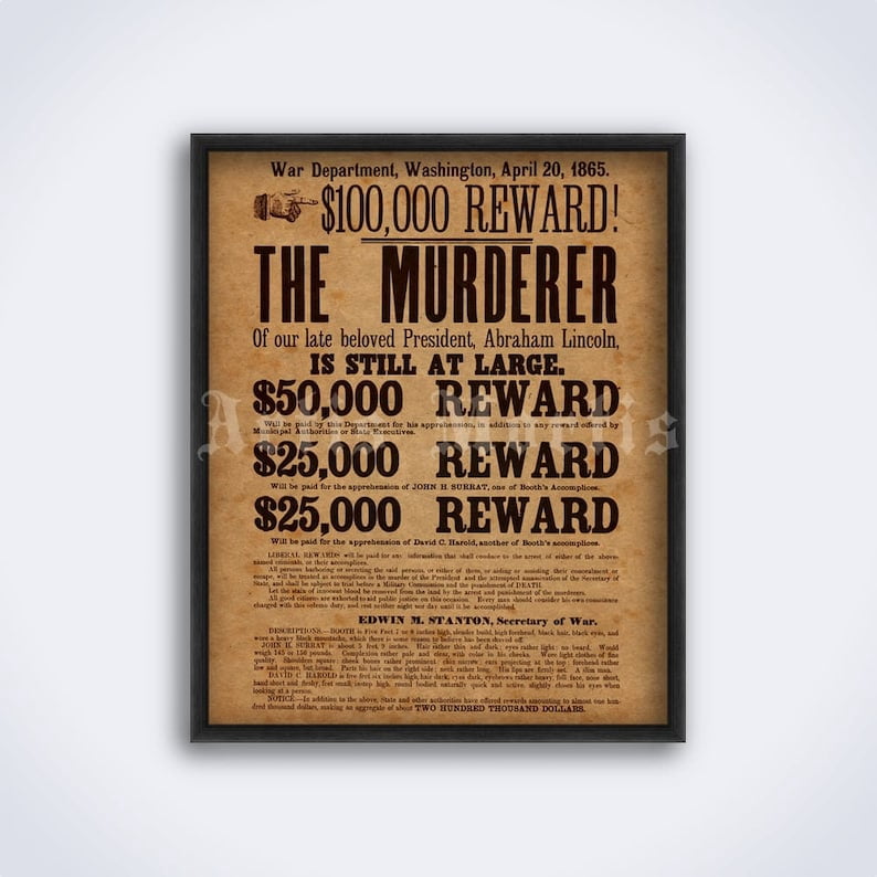 POSTER Murderer of president Abraham Lincoln - John Wilkes Booth wanted
