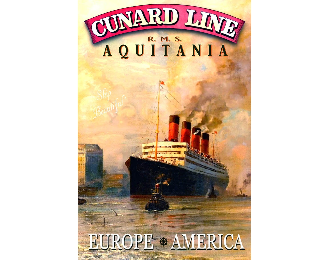 POSTER RMS Aquitania CUNARD LINES Original Retro Ship Poster Ocean