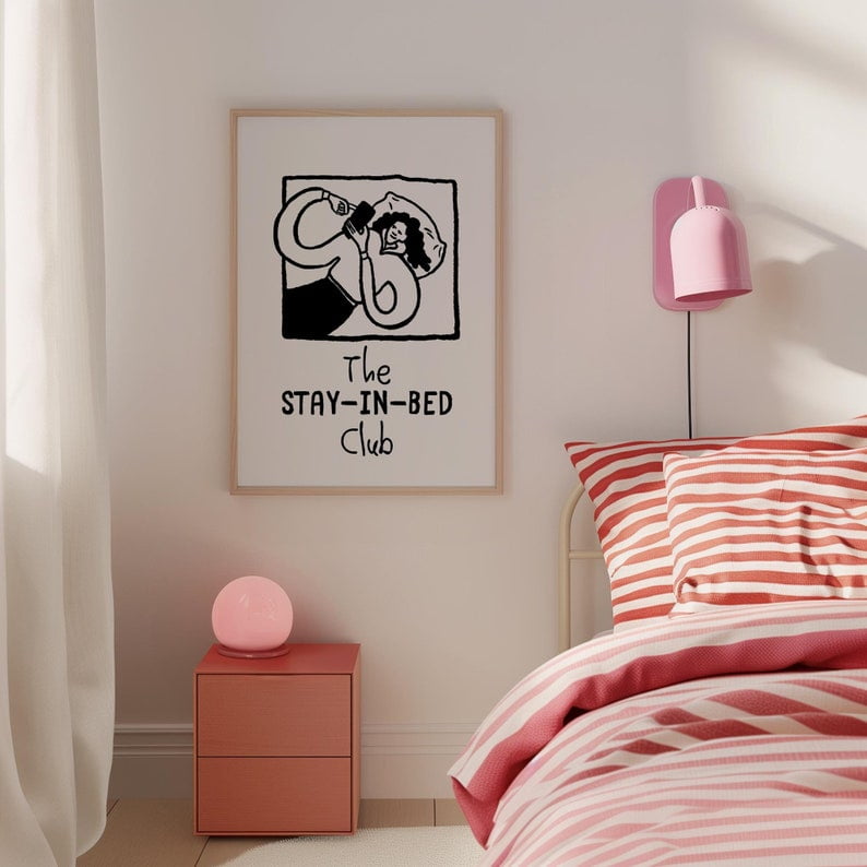 POSTER Stay in Bed Club Print, Funky Bedroom Prints, Trendy Above Bed Wall Art, Cute Bedroom ...