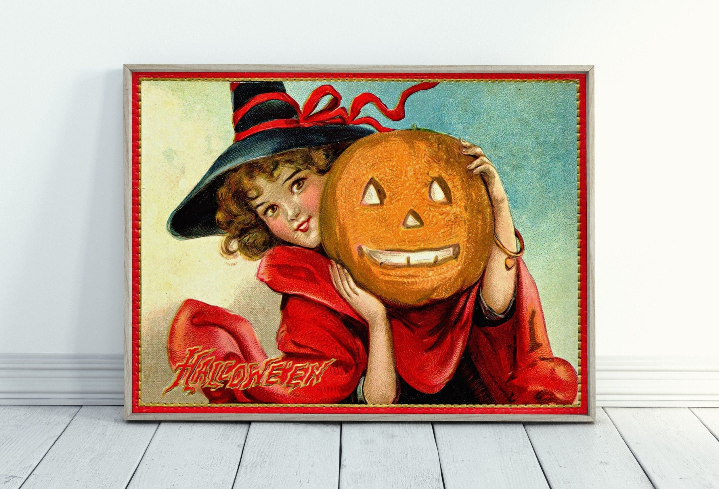 POSTER Vintage Halloween Witch Girl Postcard Wall Art. Antique