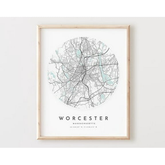 POSTER Worcester Map Print, Worcester Map Poster City Wall Art, Ma Road Map, Massachusetts Print Street Map Decor UNFRAMED, 12x18