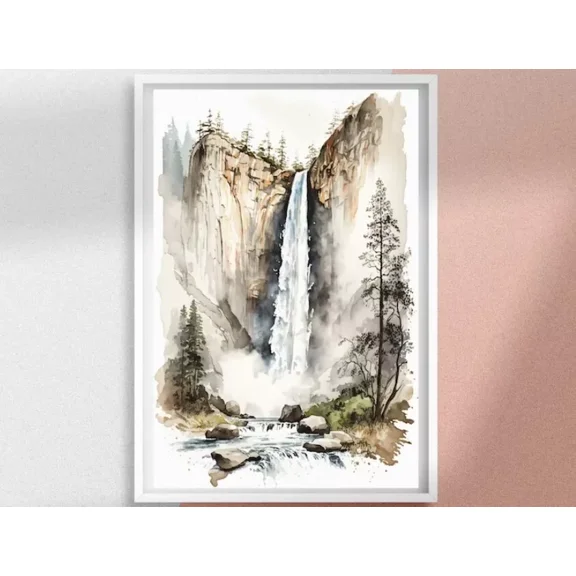 POSTER Yosemite National Park Watercolor Painting, Nature Waterfall Wall Art UNFRAMED, 12x18