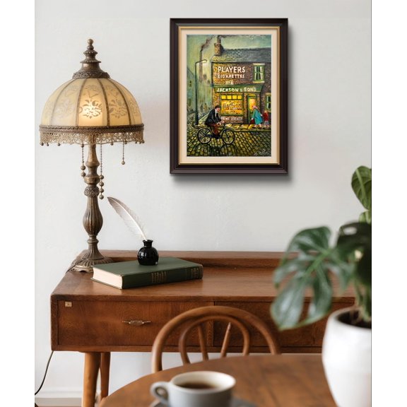 POSTIZ Art Print, Jackson Son's Shop, British Corner Shop Night Street Scene with Bicycle Poster Canvas, Unframed Canvas 8x12in