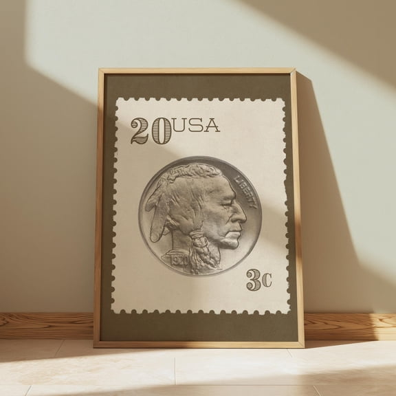 POSTIZ Buffalo Nickel Postage Stamp Print Indian Head Wall Art Americana Wall Poster Historical American Decor Poster Canvas, Unframed Paper Poster 8x12in