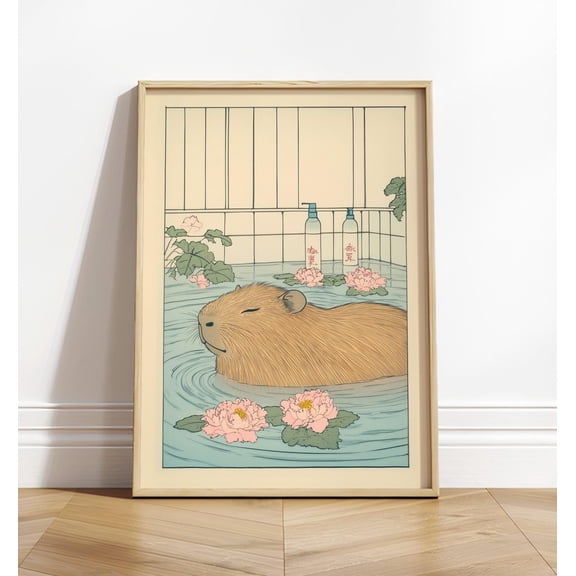 POSTIZ Capybara Bath Print Japanese Ukiyo-e Animal Art Poster Canvas, Unframed Paper Poster 12x18in