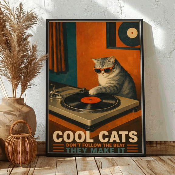 POSTIZ Cool Cats DJ Poster, Funny Cat Wall Art, Vinyl Record Cat Print, Retro Music Poster, Hipster Cat Decor, Vintage Animal Artwork, Unframed Paper Poster 8x12in