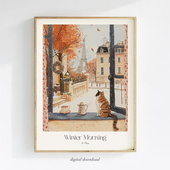 POSTIZ Dreamy Cat Art Print, Watercolor Parisian Wall Art, Cozy Winter Decor, French Cafe Scene, Cat Lover Gift, Winter Morning in Paris, Unframed Paper Poster 8x12in