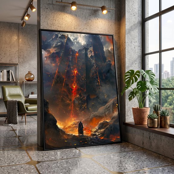 POSTIZ Fiery Lava Mountain Scene Fantasy Canvas, Dark Mage Figure, Volcanic Landscape Wall Art, Dramatic Adventure Print Poster Canvas, Unframed Paper Poster 8x12in