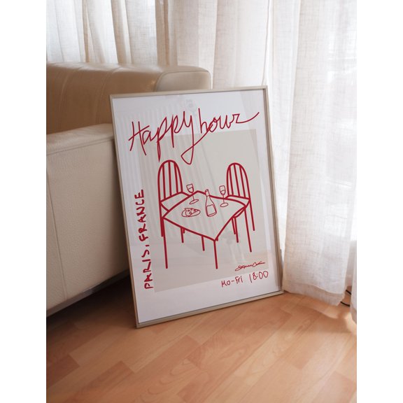 POSTIZ Happy Hour Poster, Retro Parisian Cafe Art Print: Mid-Century Modern Kitchen Decor, Unframed Paper Poster 8x12in