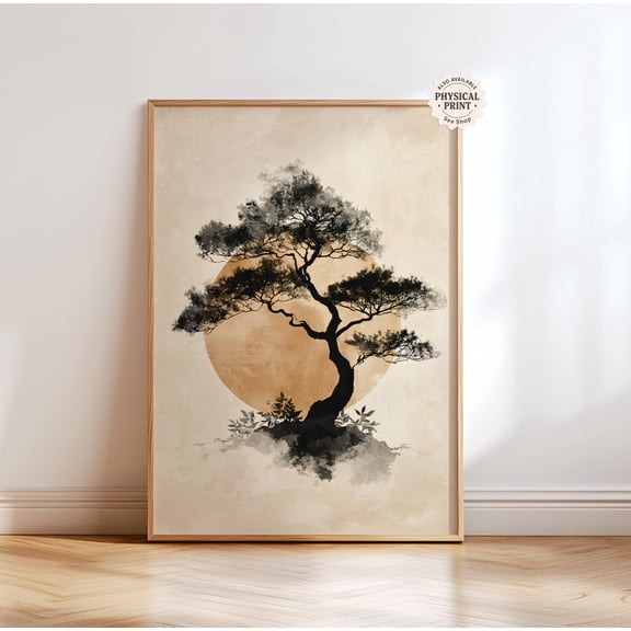 POSTIZ Japandi Tree Art Print, Japanese Ink Landscape, Beige Tan Poster Canvas, Unframed Paper Poster 8x12in