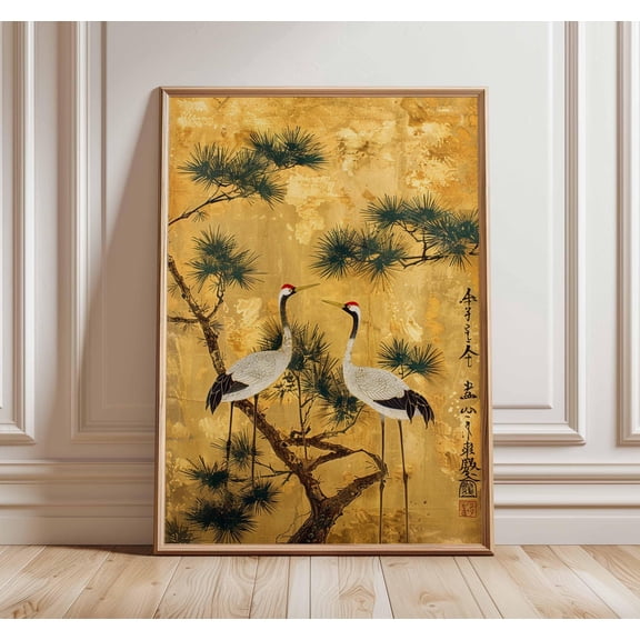 POSTIZ Japanese Crane Wall Art, Gold Foil Style Oriental Poster, Pine Tree Bird Print, Elegant Asian Decor, Traditional Artwork, Unframed Paper Poster 24x36in