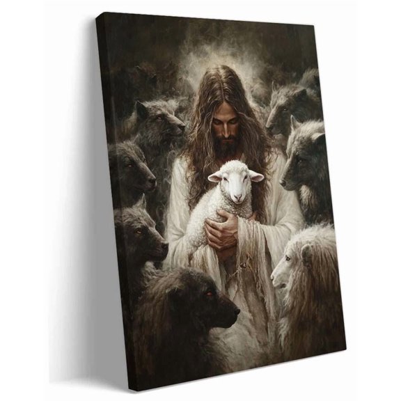 POSTIZ Jesus With Lamb Canvas Wall Art, Wolf Surrounded Christian Print, Religious Home Decor for Prayer Room Church, Christmas Gift, Unframed Canvas 8x12in