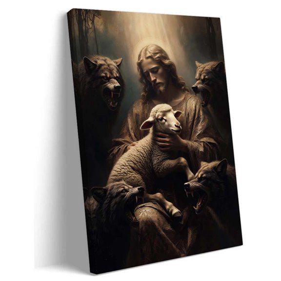 POSTIZ Jesus and Wolf Wall Art Canvas, Jesus Protecting Lamb Religious Poster Decor, Christian Church Living Room Bedroom Gift, Unframed Canvas 16x24in