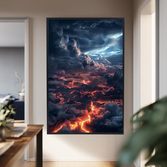POSTIZ Lava Landscape Canvas Wall Art, Volcanic Eruption Under Starry Sky, Sci-Fi Decor, Dramatic Wall Design, Nature Inspired Interiors Poster Canvas, Unframed Paper Poster 8x12in