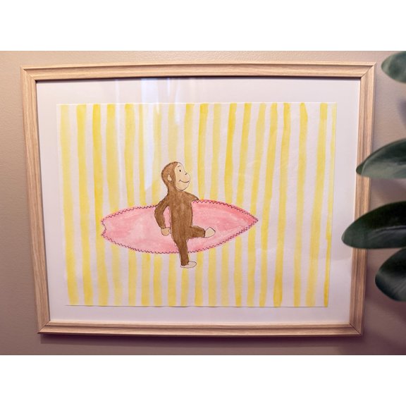 POSTIZ Monkey With Surfboard Watercolor Print Tropical Coastal Poster, Unframed Paper Poster 12x8in