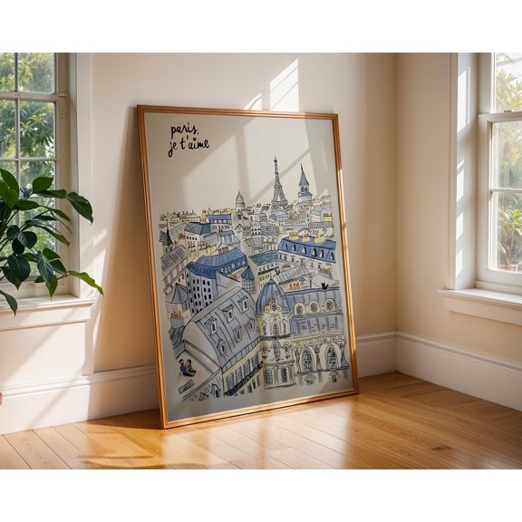POSTIZ Paris Je T'aime Cityscape Print : Eiffel Tower Sketch Rooftop Wall Decor, Unframed Paper Poster 8x12in