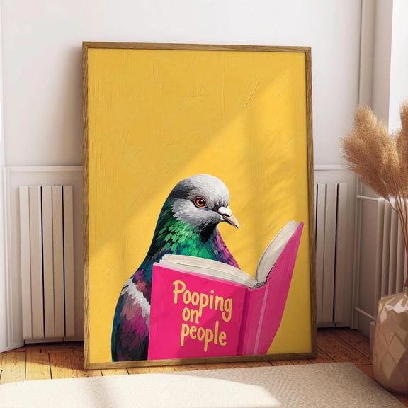 POSTIZ Pigeon Reading "Pooping on People" Book Matte Paper Poster, Funny Pigeon Print, Bird Reading Funny Book Art, Humorous Animal Wall Decor, Unframed Paper Poster 8x12in