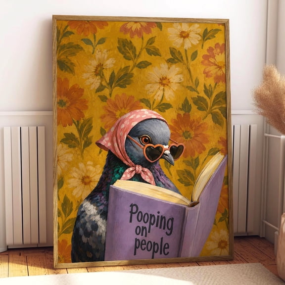 POSTIZ Pigeon Reading "Pooping on People" Book Matte Paper Poster, Funny Pigeon Print, Bird Reading Funny Book Art, Humorous Animal Wall Decor, Unframed Paper Poster 8x12in