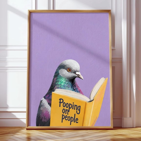 POSTIZ Pigeon Reading "Pooping on People" Book Matte Paper Poster, Funny Pigeon Print, Bird Reading Funny Book Art, Humorous Animal Wall Decor, Unframed Paper Poster 8x12in