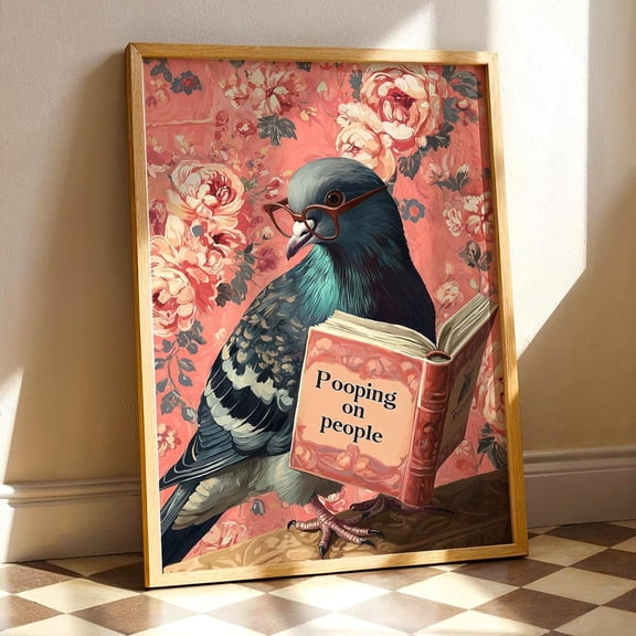 POSTIZ Pigeon Reading "Pooping on People" Book Matte Paper Poster, Funny Pigeon Print, Bird Reading Funny Book Art, Humorous Animal Wall Decor, Unframed Paper Poster 8x12in