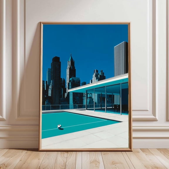 POSTIZ Retro Soccer Wall Art Print, Rooftop Football Poster, New York City Skyline Sports Decor, Modern Vintage Soccer Travel Art, Game Room Gift Poster Canvas, Unframed Paper Poster 8x12in