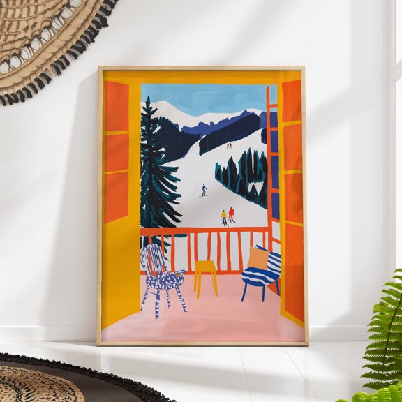 POSTIZ Ski Chalet Window View Art Print: Colorful Winter Mountain Scene, Unframed Paper Poster 8x12in