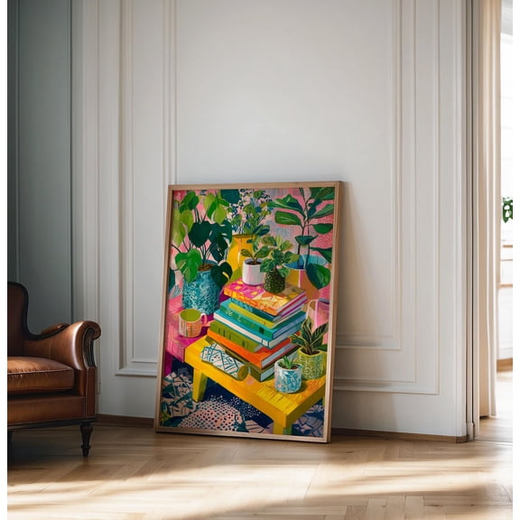 POSTIZ Vibrant Boho Art Print, Colorful Books, Plants Wall Decor, Eclectic Style, Maximalist Home Art, Retro Aesthetic Gift, Unframed Paper Poster 12x18in