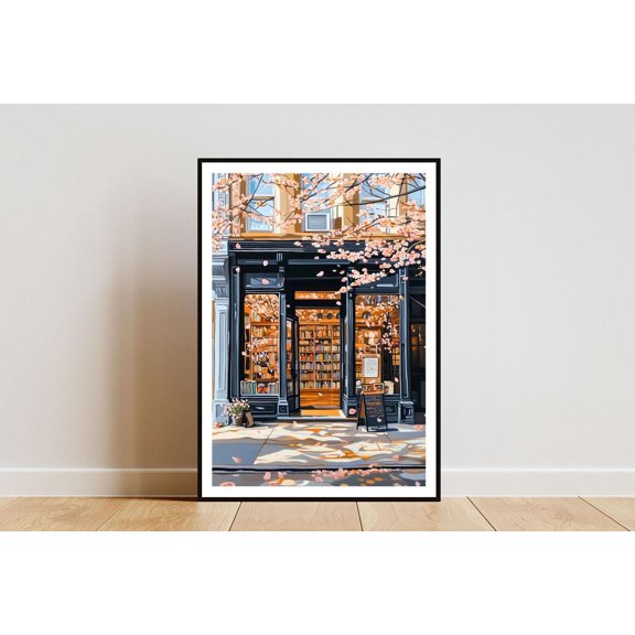 POSTIZ Vintage Bookshop Poster, Book Print, Bookstore Wall Art, Book Art Print, Library Print, Cherry Blossom Art, Book Wall Art, Unframed Paper Poster 8x12in