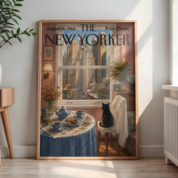 POSTIZ Vintage New Yorker Poster, Retro NYC Cat Window Print, Mid-Century Magazine Cover, City View Wall Art, Home Decor Poster Canvas, Unframed Paper Poster 8x12in