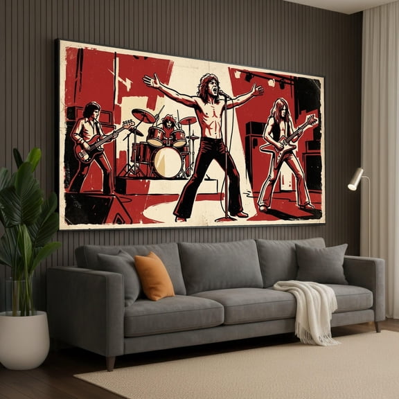 POSTIZ Vintage Rock Band Performance Canvas, Retro Music Poster, Wall Art, Classic Rock Stage Scene, Guitar and Drums Illustration, Home Decor Poster, Unframed Paper Poster 12x8in