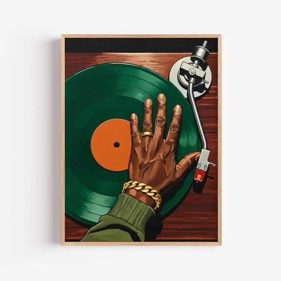 POSTIZ Vinyl Record Wall Art, Retro DJ Turntable Print, Hip Hop Music Studio Decor, Green Record, Gold Bracelet Hand, Unframed Paper Poster 8x12in