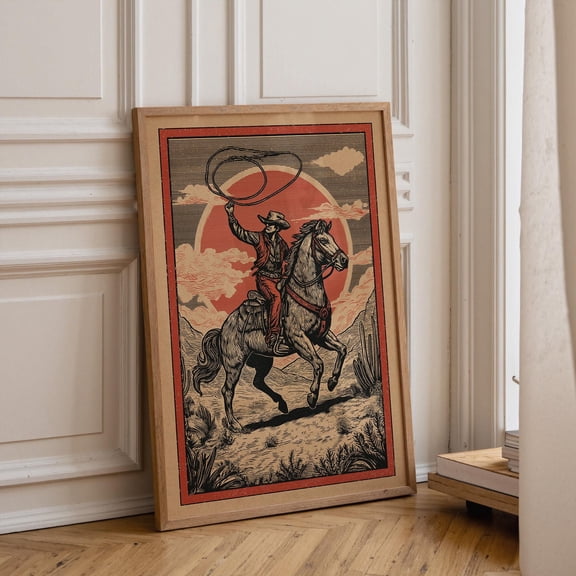 POSTIZ Western Cowboy Lasso Rider Print, Wild West Horse Desert Sunset Poster, Unframed Canvas 8x12in