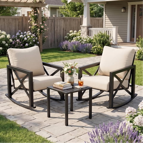 POTEBAN 3-Piece Black Metal Patio Rocking Chair Set, Heavy Duty 350 lbs Capacity Outdoor Bistro Furniture Set with 2 Rockers, Thick Cushions and Coffee Table for Porch, Rust-Resistant, Beige