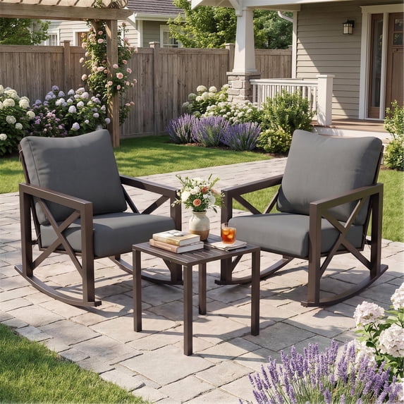 POTEBAN 3-Piece Metal Patio Rocking Chair Set, Heavy Duty 350 lbs Capacity Outdoor Bistro Furniture Set with 2 Rockers, Thick Cushions and Coffee Table for Porch, Rust-Resistant, Grey