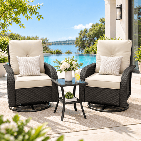POTEBAN Outdoor Patio Swivel Rocking Chair Set of 2, Wicker Patio Bistro Set, Patio Furniture Set with 2 High Back Black Wicker Swivel Rocker Chairs,Beige Cushions and Tempered Glass Coffee Table