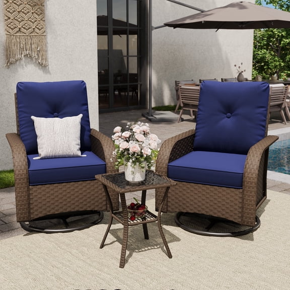 POTEBAN 3-Piece Patio Bistro Set, 2 Wicker Swivel Rocking Chairs, Navy Blue