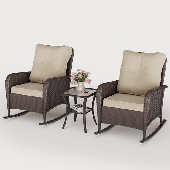POTEBAN 3-Piece Outdoor Rocking Chairs, Brown Wicker Patio Furniture with Thickened Cushions and Table for Porch (Beige)
