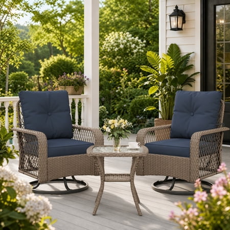 POTEBAN 3 Pieces Patio Furniture Set, Outdoor Swivel Gliders Rocker, Glass Top Side Table (Blue)